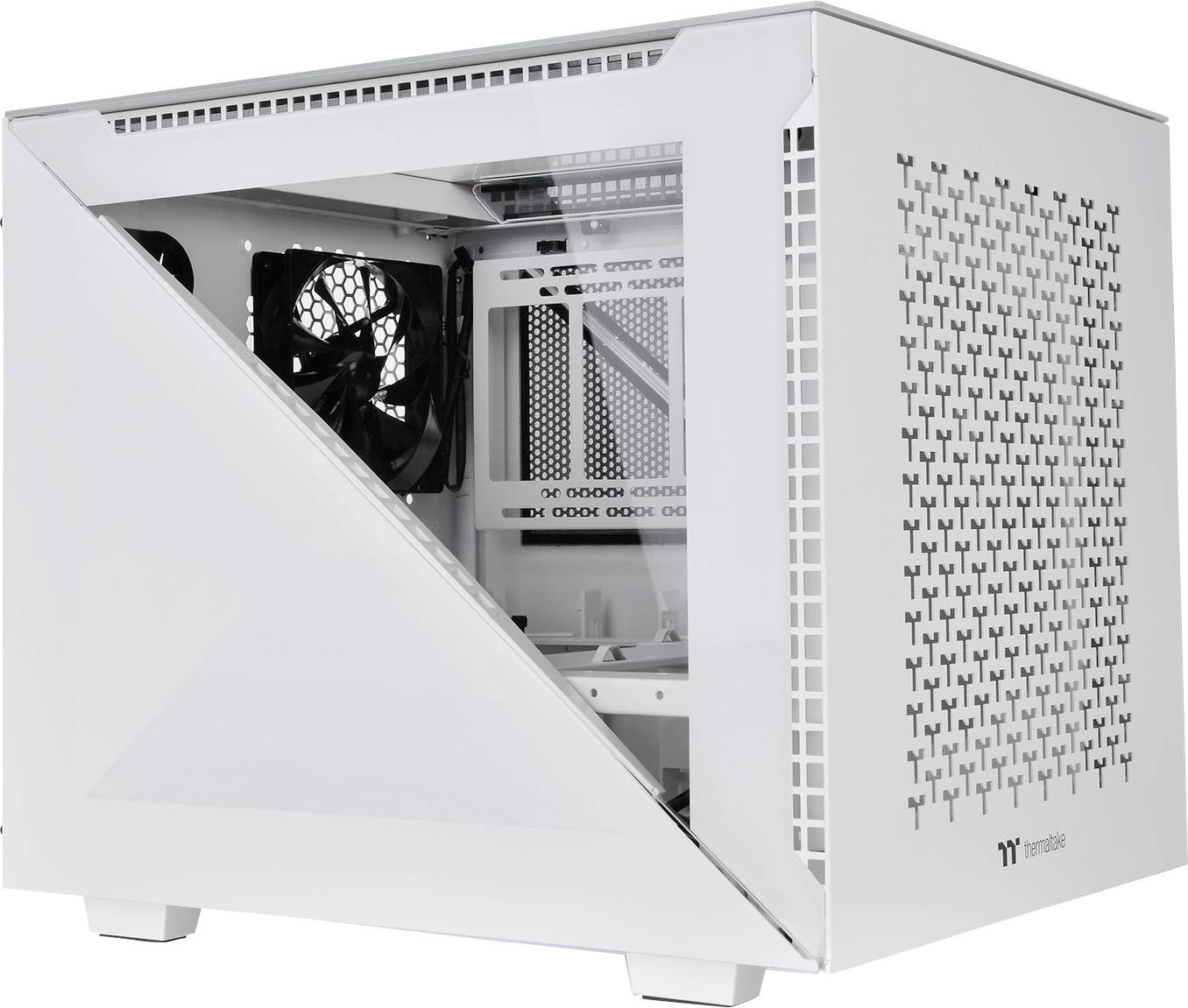 White computer cases with geometric design, transparent side panel, and visible fans on the left side.