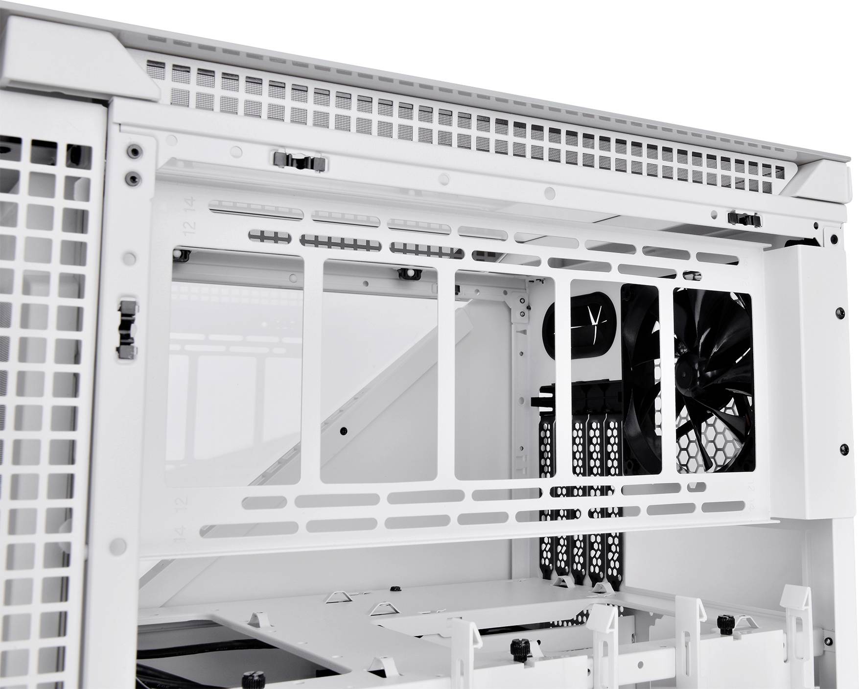 Image of a computer case with an open side panel, revealing internal mounting spaces for various hardware components.