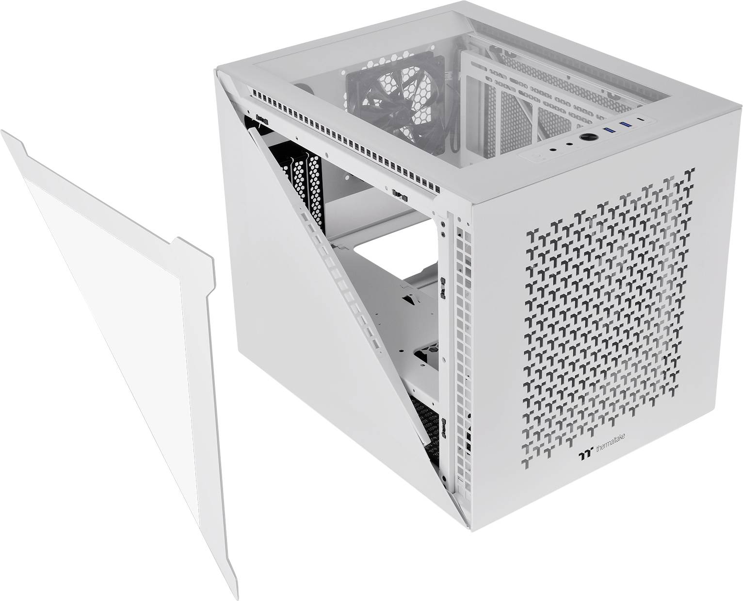'White, cube-shaped computer case with removed side panel. Visible interior with fan and ports at the front.'