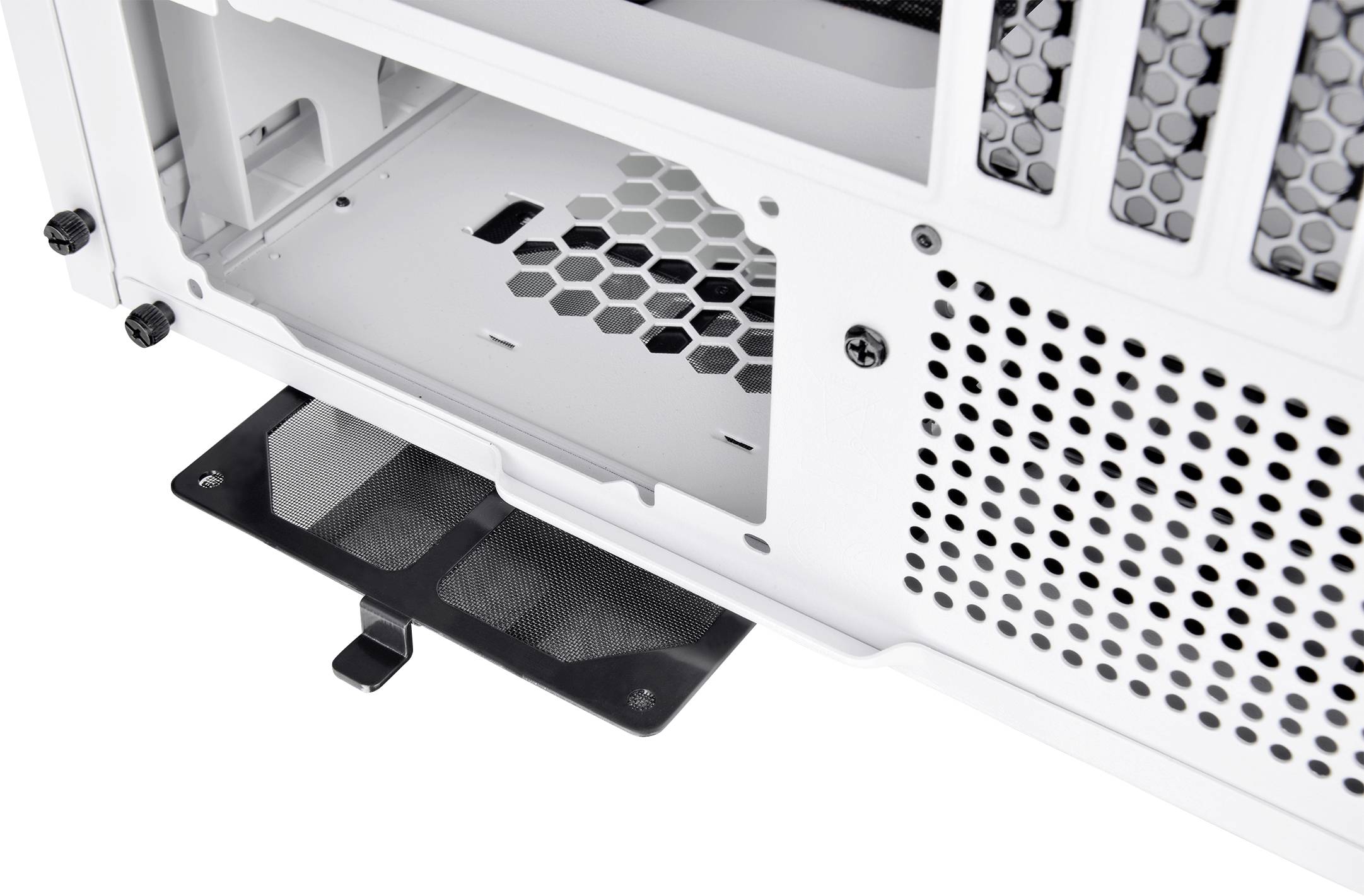 A computer case with white grids and a removable black dust filter at the bottom, suitable for PC component installation.