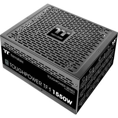 Black Thermaltake computer power supply with ventilation slots and the inscription 'Toughpower TF 1155W', focusing on energy efficiency.