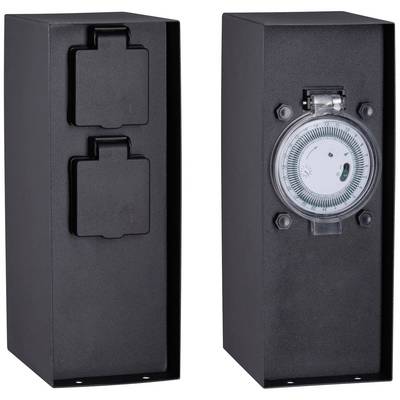 'Two black casings: on the left with two covered sockets, on the right with a round timer mechanism.'