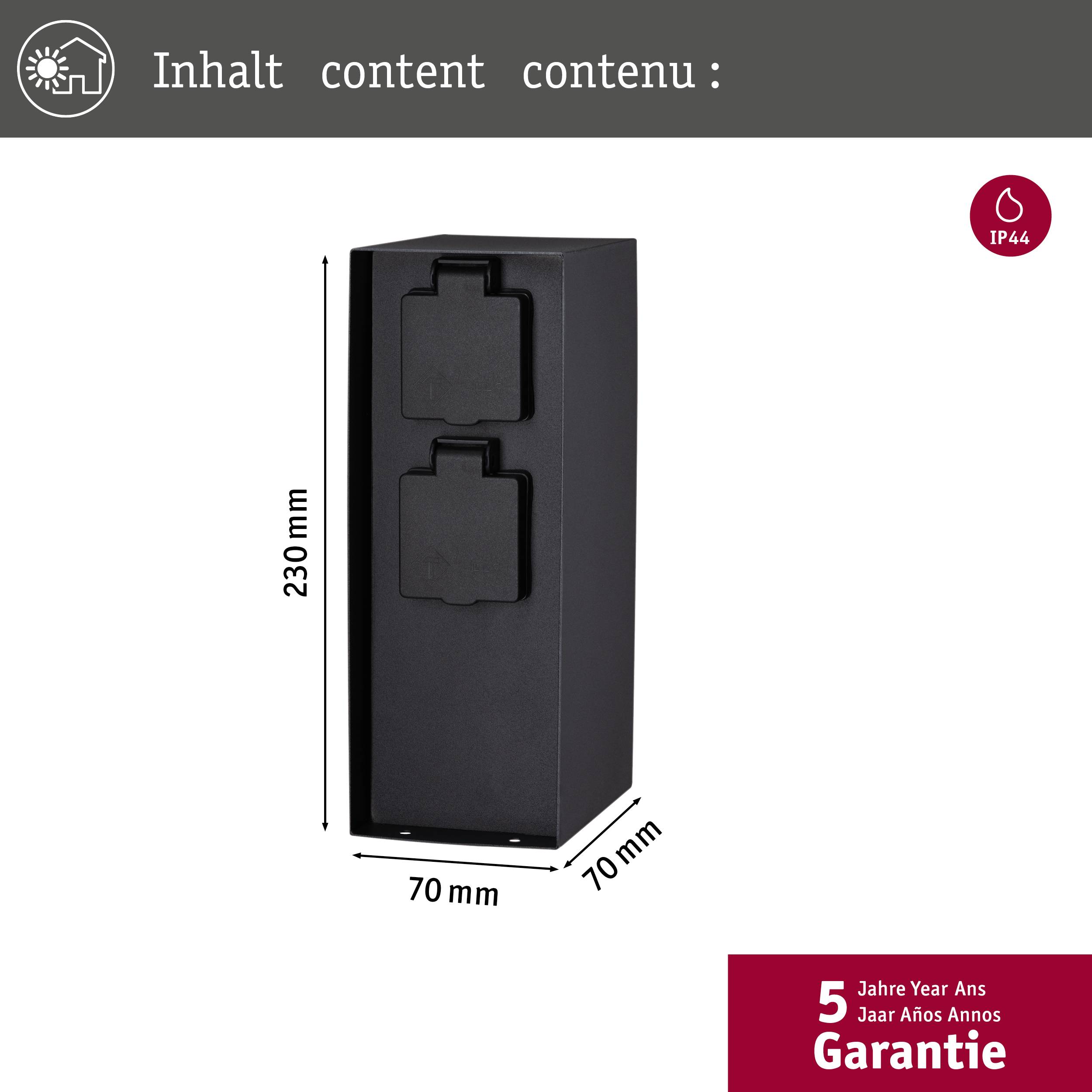 'Outdoor socket IP44, dimensions: 230 mm x 70 mm x 70 mm. 5-year warranty.'