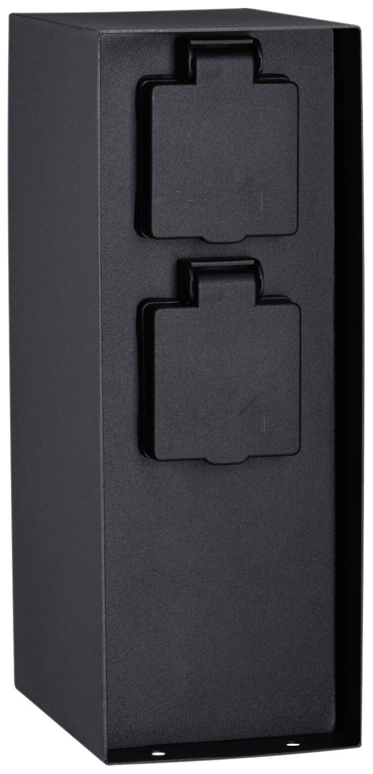 Black, rectangular plastic box with two square flaps on the front, which may potentially cover electrical sockets.
