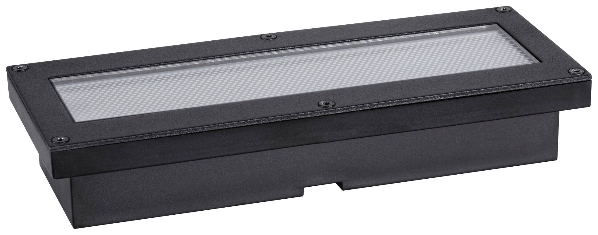Rectangular black outdoor light with glass cover, suitable for ground or wall mounting, designed for exterior lighting purposes.