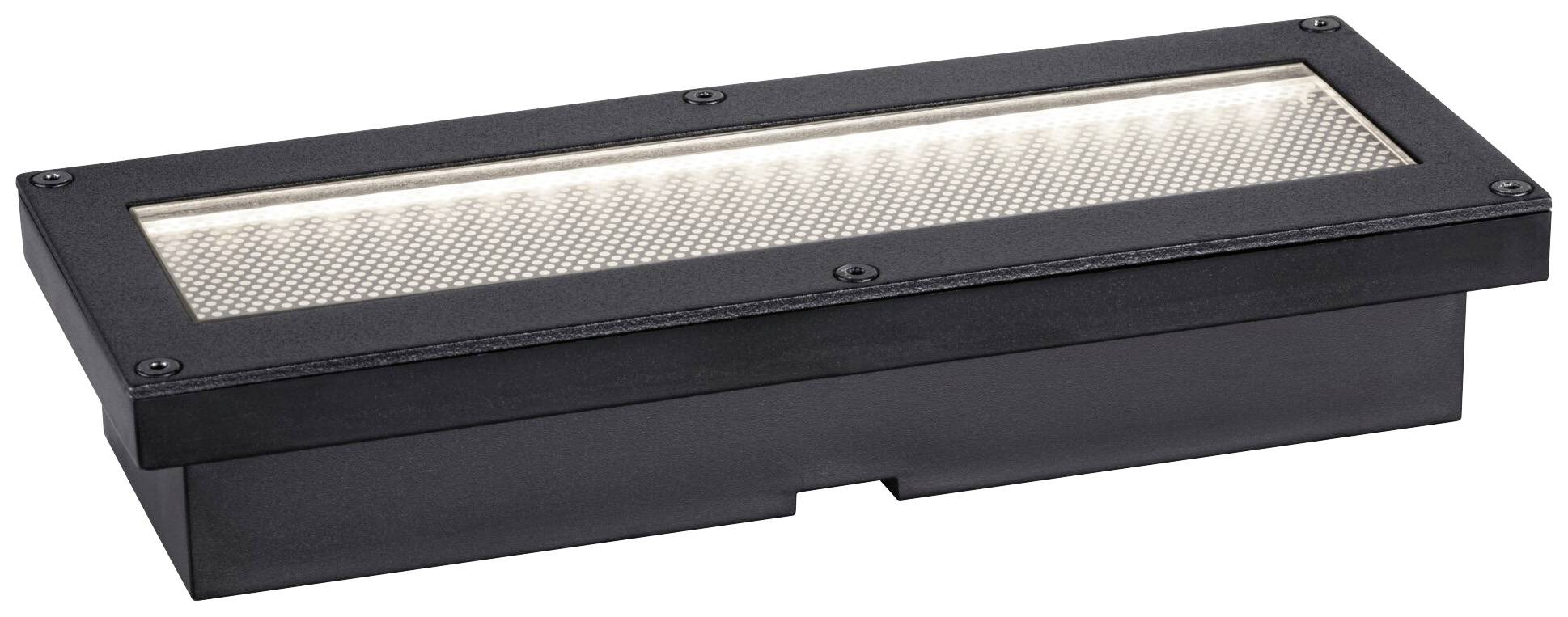 Rectangular black ground light with glass cover, emitting upward-facing light, suitable for outdoor use.
