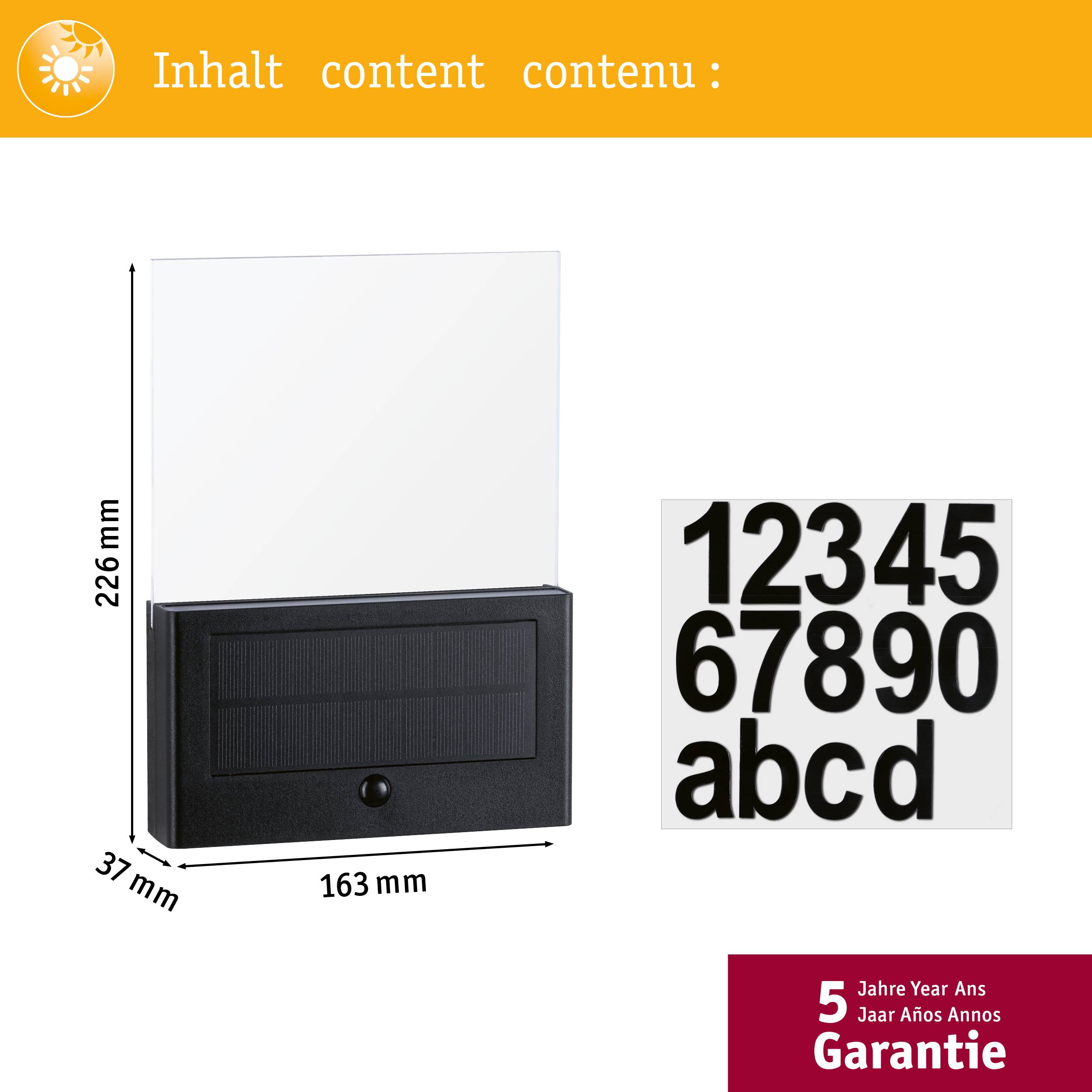 'Black enclosure with transparent panel, dimensions: 226 mm x 163 mm x 37 mm. Contains numbers and letters, 5-year warranty.'