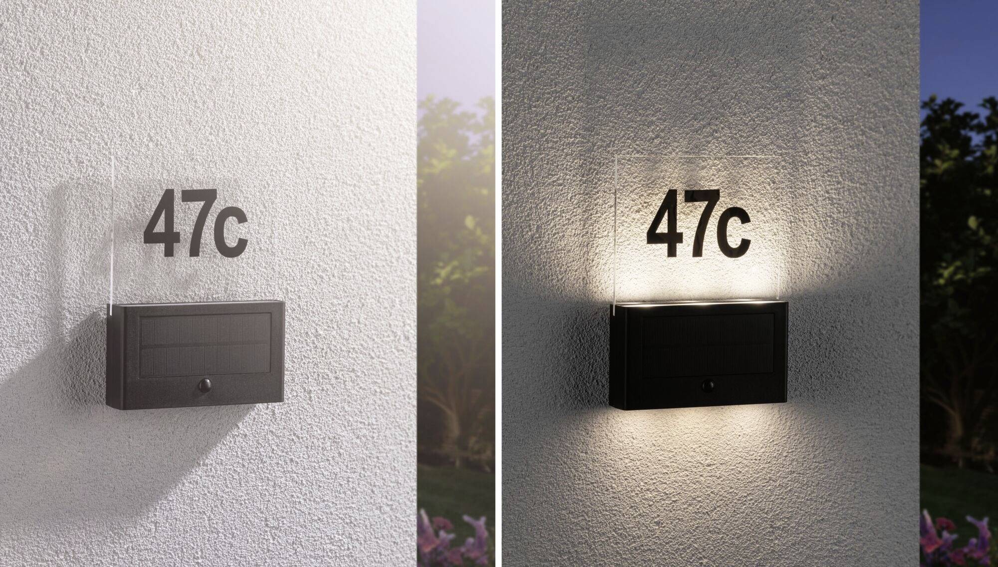'47c' illuminated on a house wall. Left without light, right with light.