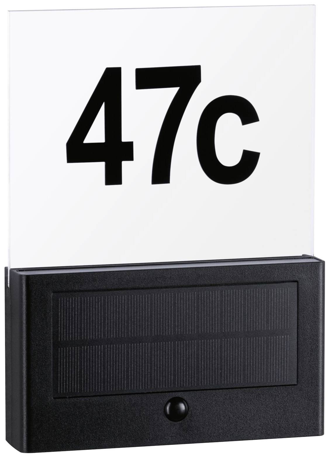 House number sign '47c' with black base and integrated sensor.