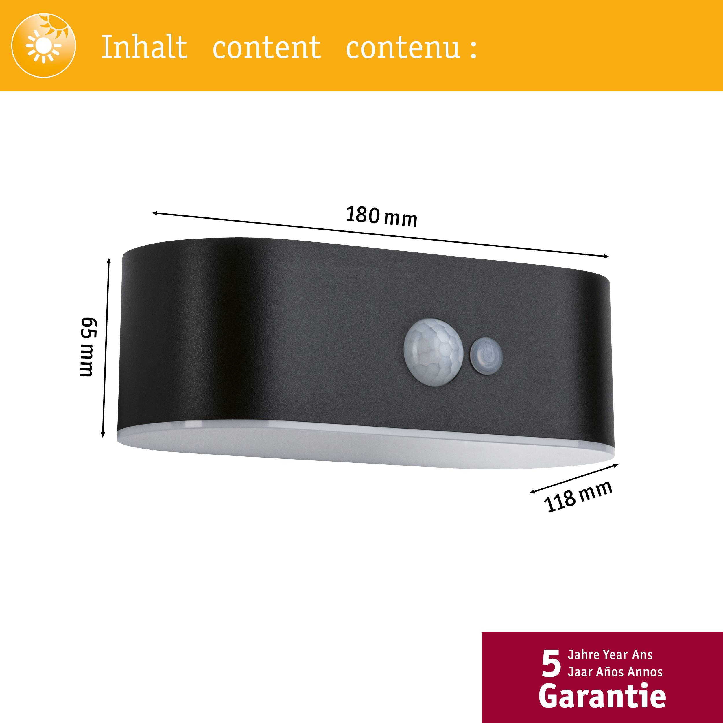 The illustration shows a black wall light with motion sensor. Dimensions: 180 mm width, 65 mm height, 118 mm depth. 5 years guarantee.