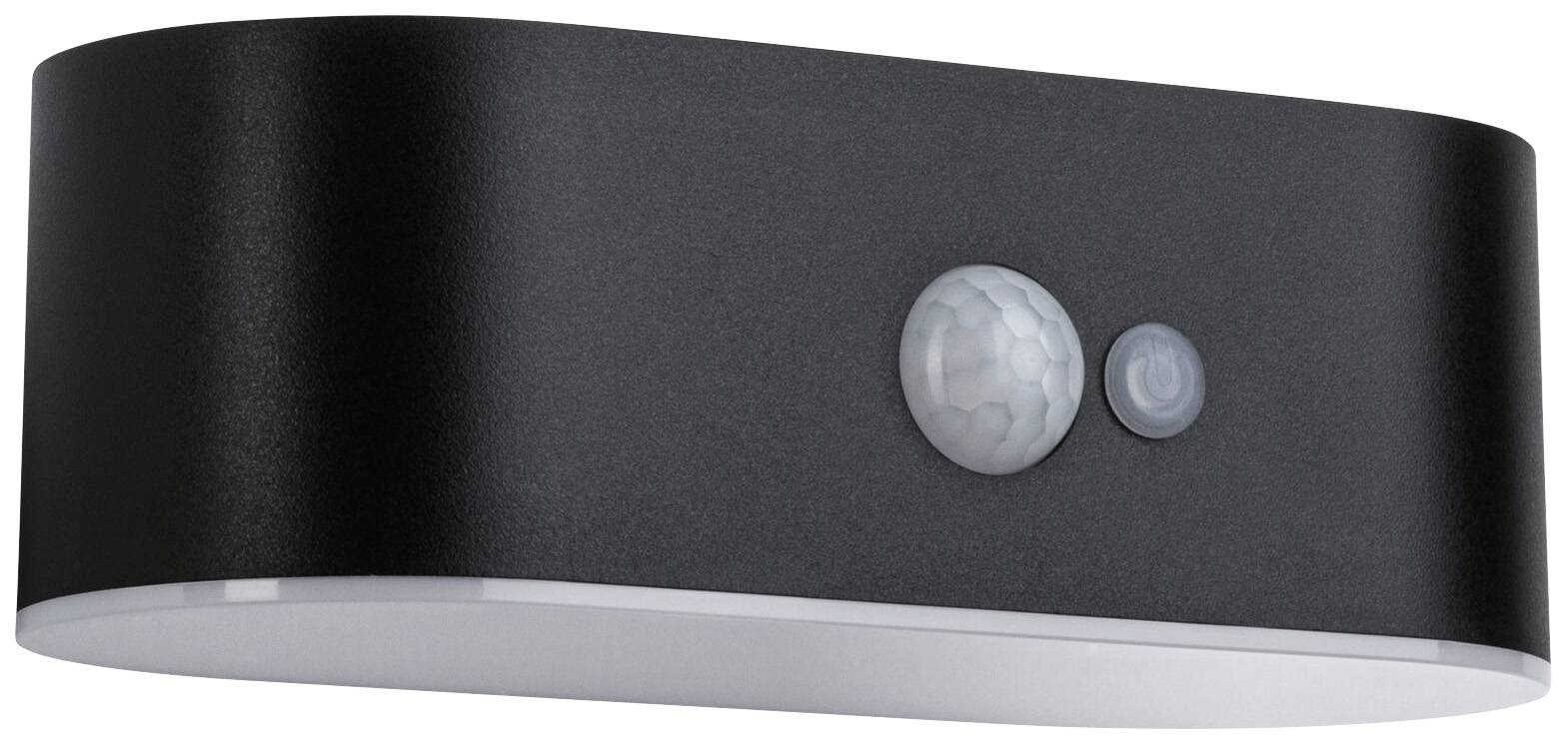 Black outdoor lamp with two motion sensors on the front, rectangular, minimalist design. Ideal for wall mounting.