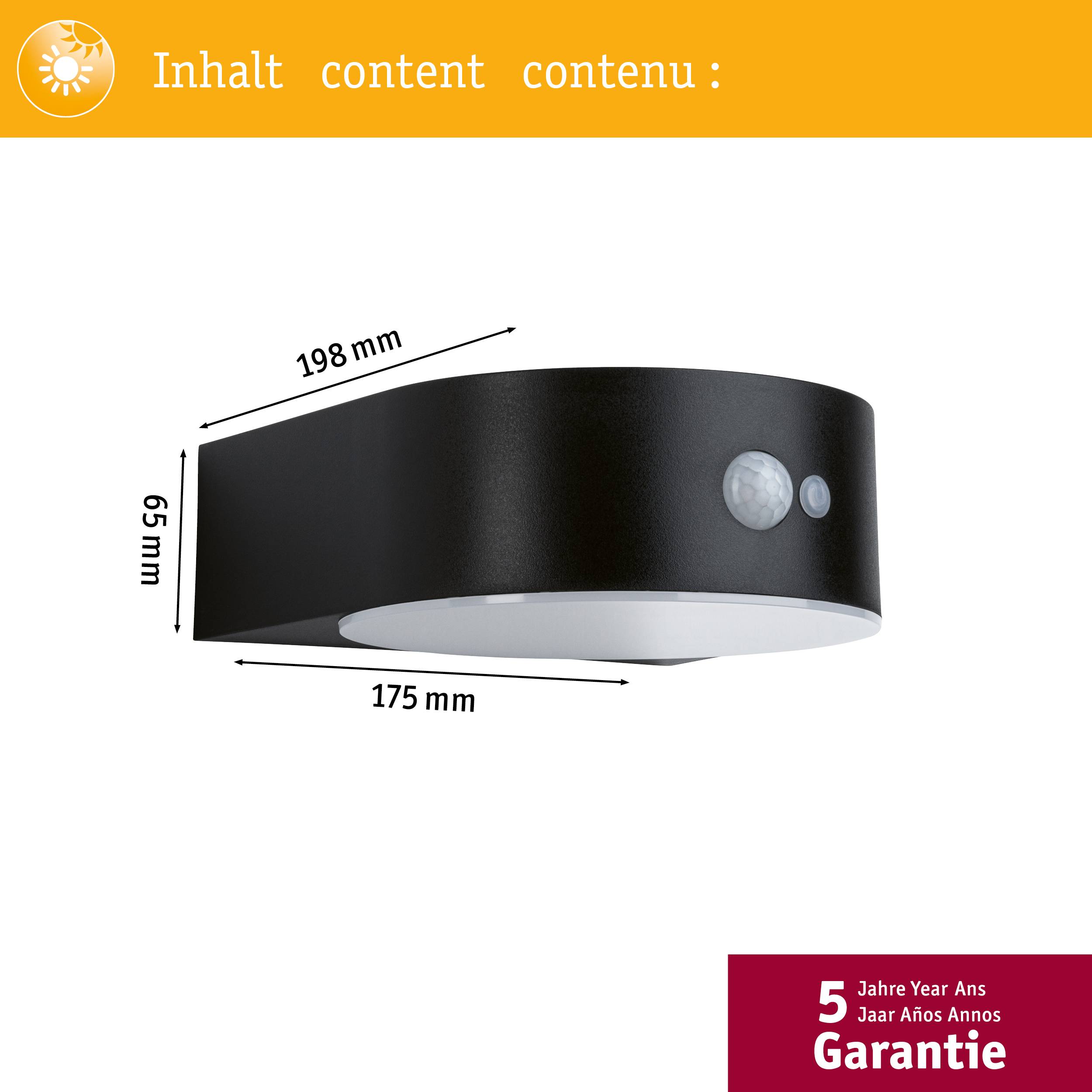 'Black Outdoor Wall Light with Sensor. Dimensions: 198 mm long, 65 mm high, 175 mm deep. 5 Year Warranty'.