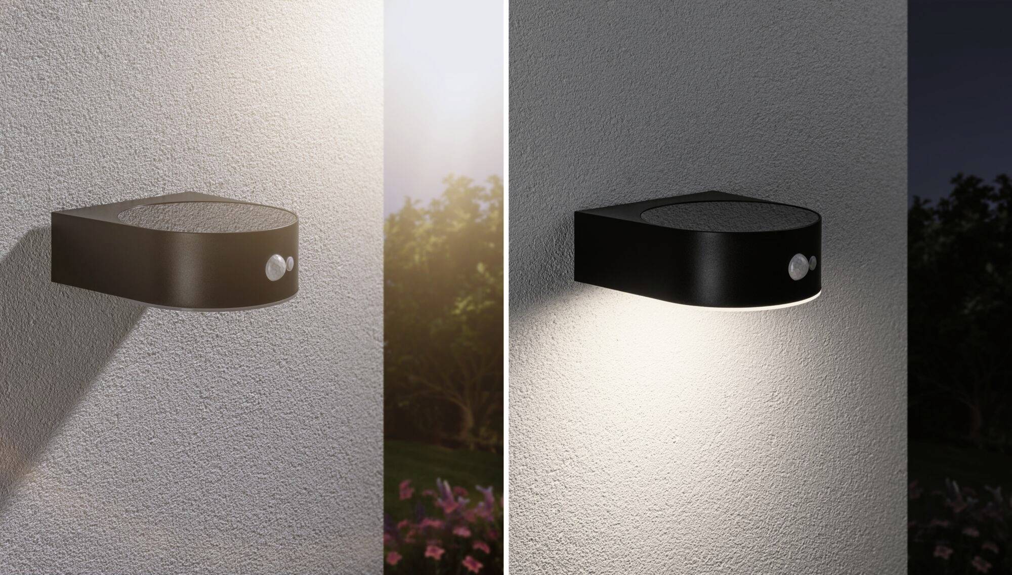 An exterior wall light with a motion sensor. Left: Daylight, the light is off. Right: The light shines in the darkness.