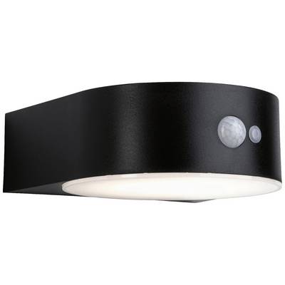 Black, wall-mounted outdoor light with a round white lampshade and motion sensor on the front.