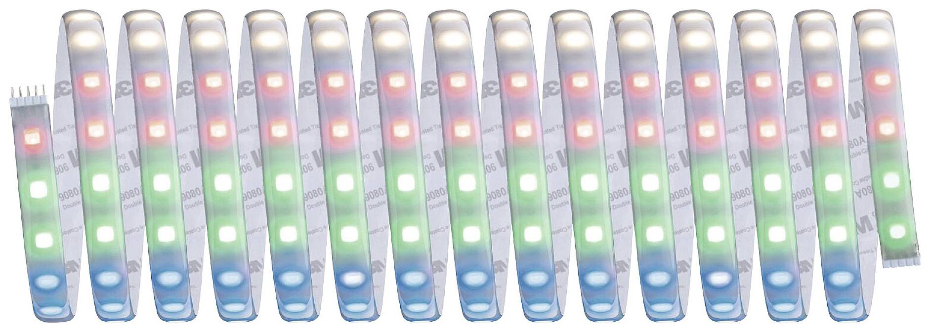 Several LED strips placed side by side display a pattern of red, green, and blue lights.