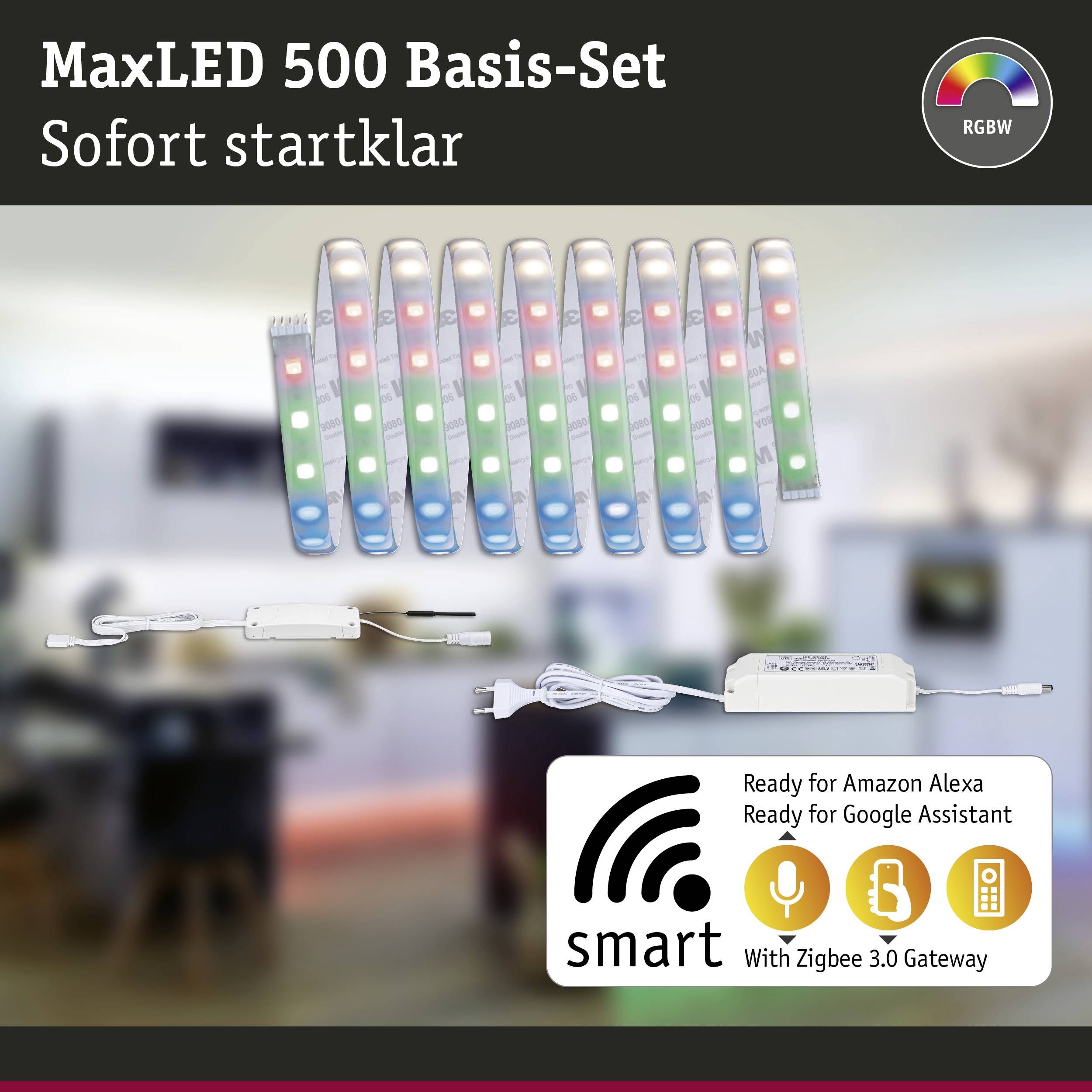 MaxLED 500 Base Set in the living room. LED strip, RGBW colours. Compatible with Amazon Alexa, Google Assistant, Zigbee 3.0 Gateway.