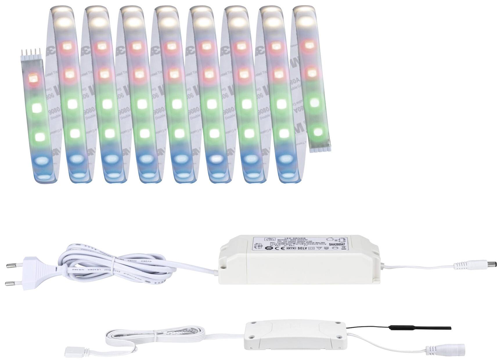 LED light strip set with red, green and blue LEDs, power adapter and control unit. Ideal for decorative lighting projects.
