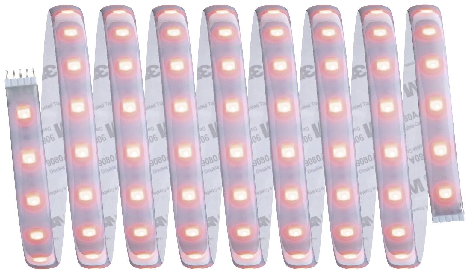 LED strip with red illuminating diodes.<br><br>Note: In British English, this would more naturally be phrased as "LED strip with red LEDs" or "Red LED strip".