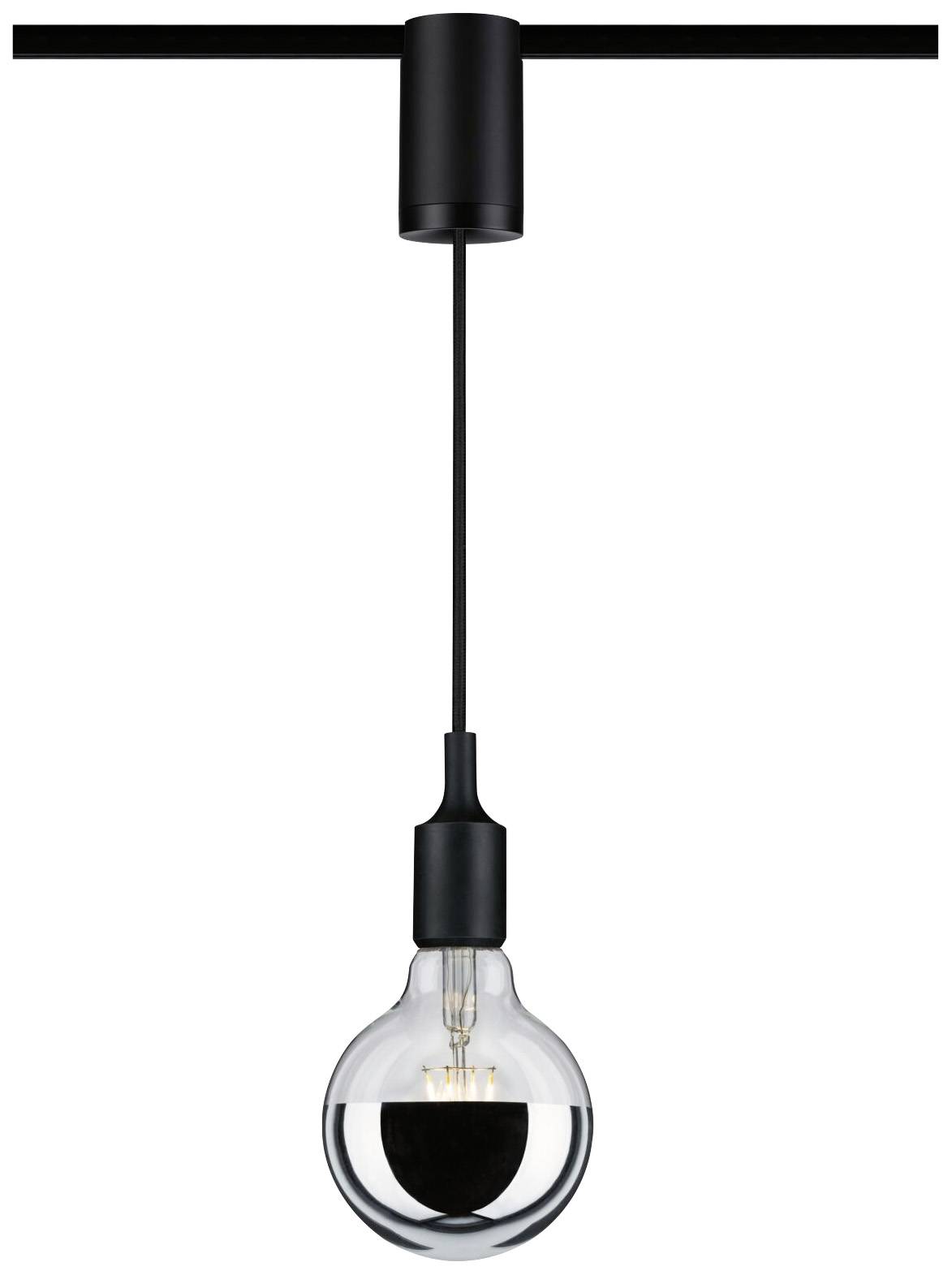 Black pendant light with a clear light bulb hanging from the ceiling, simple and modern design.