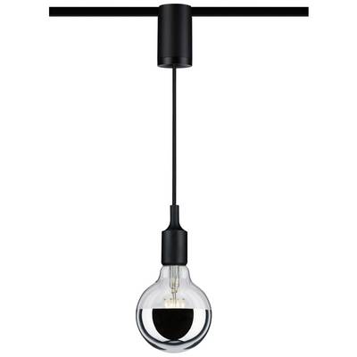 Black pendant light with a clear light bulb hanging from the ceiling, simple and modern design.