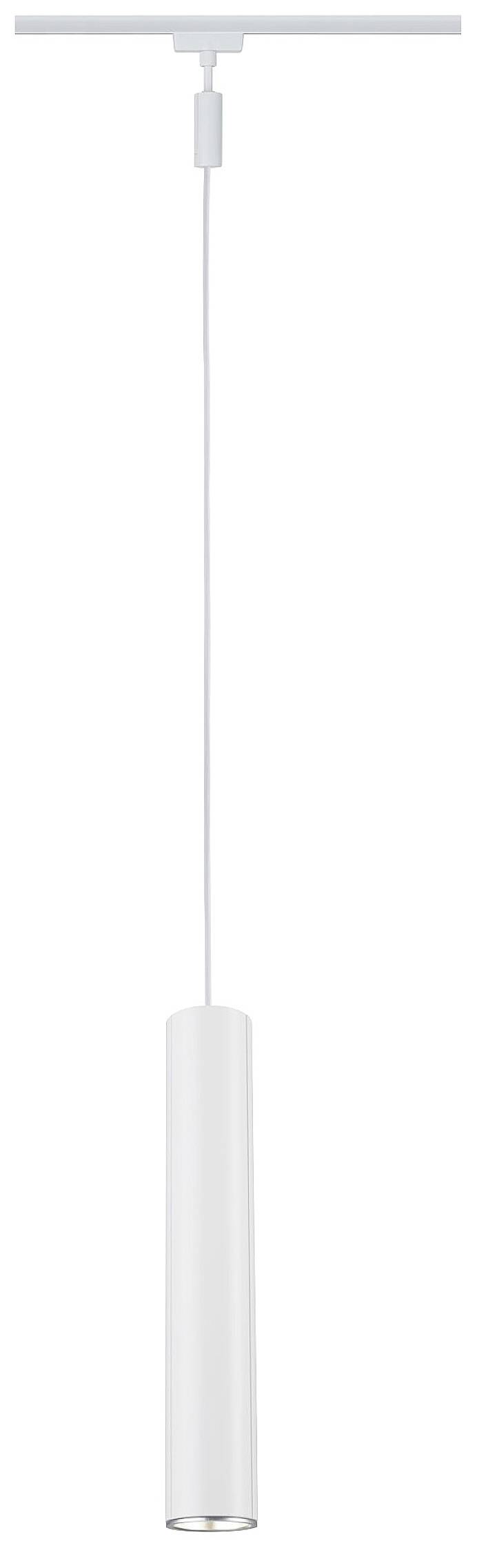 White cylindrical pendant light hanging from a thin cable attached to a track on the ceiling.