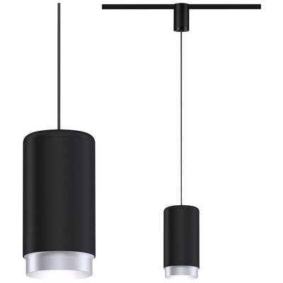 Black pendant light with a cylindrical shade and silver rim, hanging from the ceiling. Modern interior design.