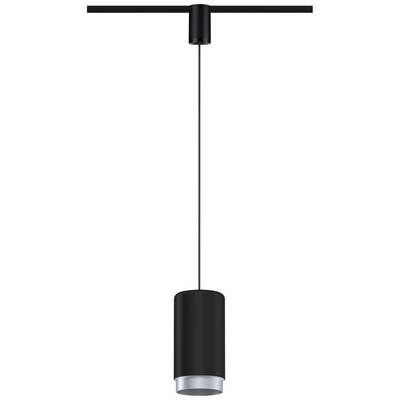 A black, cylindrical pendant light hangs from a rail on the ceiling.
