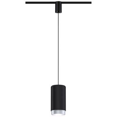 A black pendant light with a cylindrical lampshade hangs from a thin cable on a track.