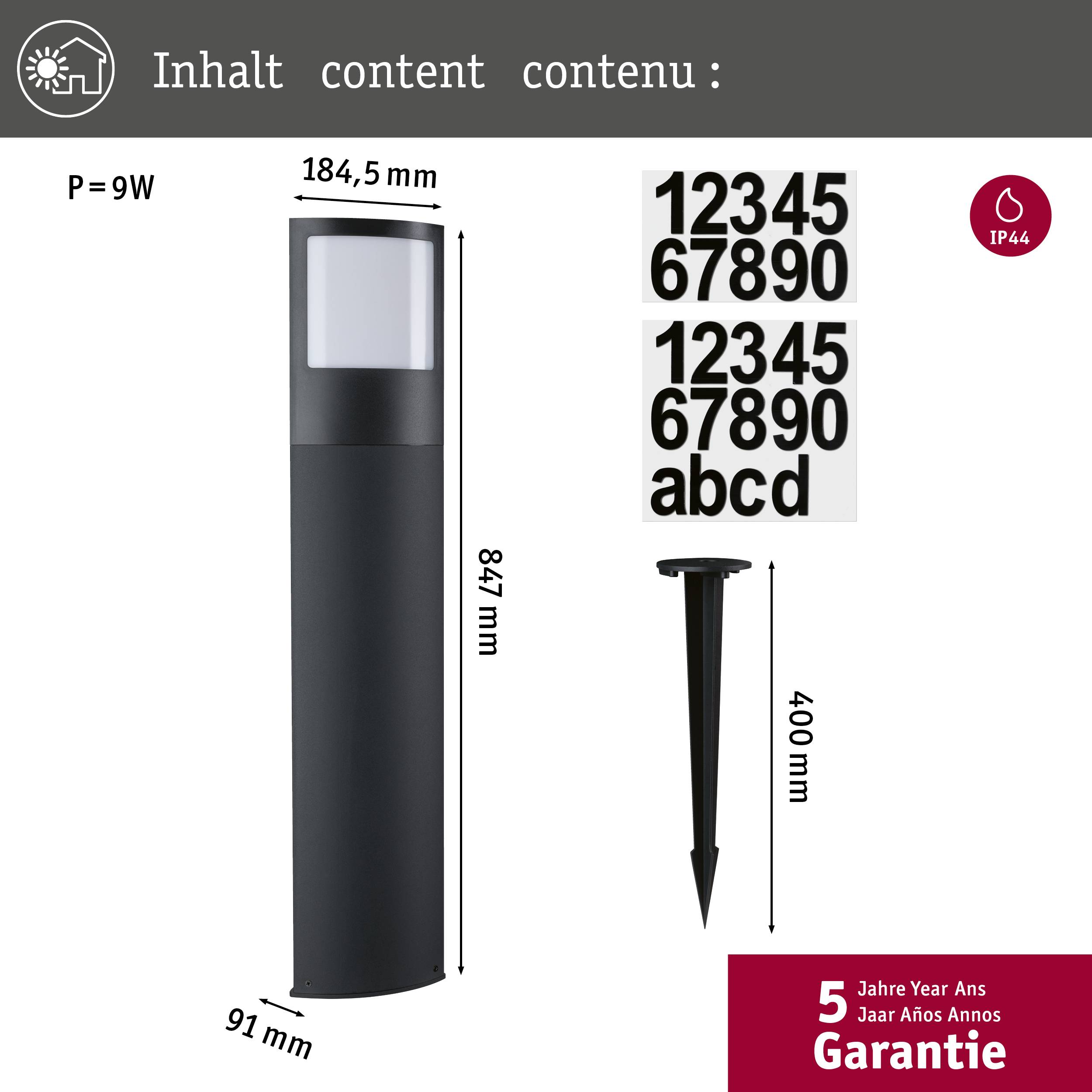 A black garden lamp with 9W, height 847 mm, width 91 mm. Includes number and letter stickers and a ground spike (400 mm). IP44, 5-year guarantee.