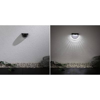 Two outdoor lights on a white wall above gravel and plants. On the left, the light is switched off, while on the right it is illuminating with a circular pattern.