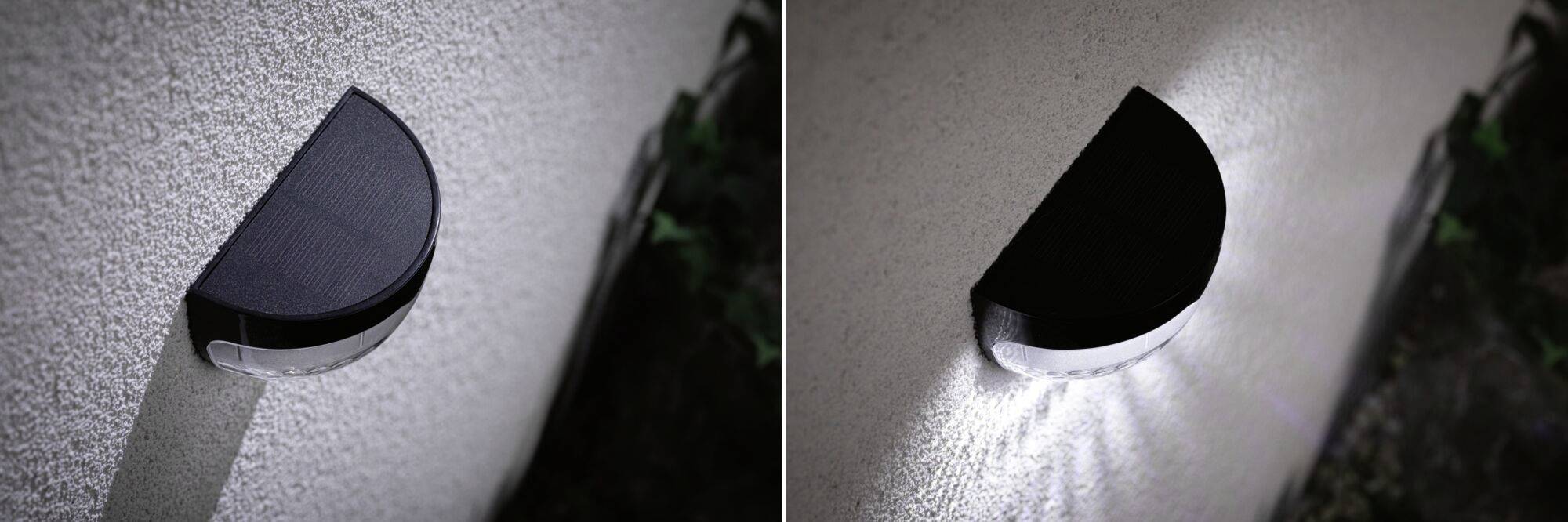 Two images of solar-powered wall lights: one on the left in daylight, the other on the right switched on in darkness, with light pattern directed downwards.