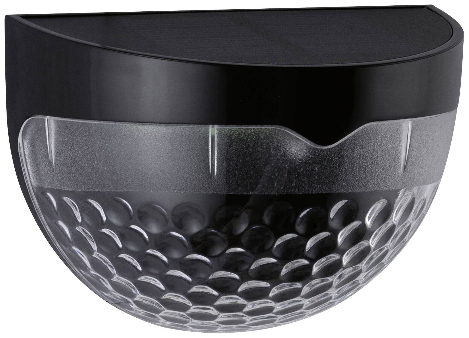 A black, semi-spherical external wall light with a structured, transparent glass shade, suitable for wall mounting.
