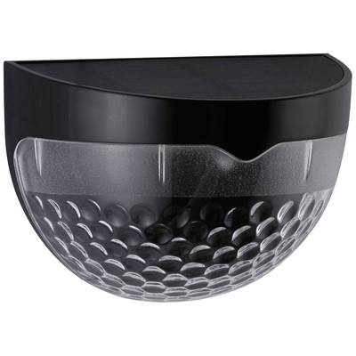 A black, semi-spherical external wall light with a structured, transparent glass shade, suitable for wall mounting.