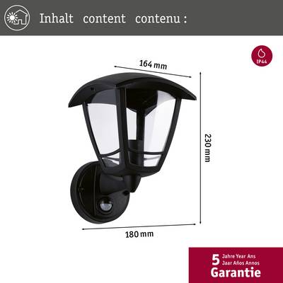 'Black wall light with dimensions: 164 mm width, 230 mm height, 180 mm depth. IP44 protection rating. 5-year warranty.'