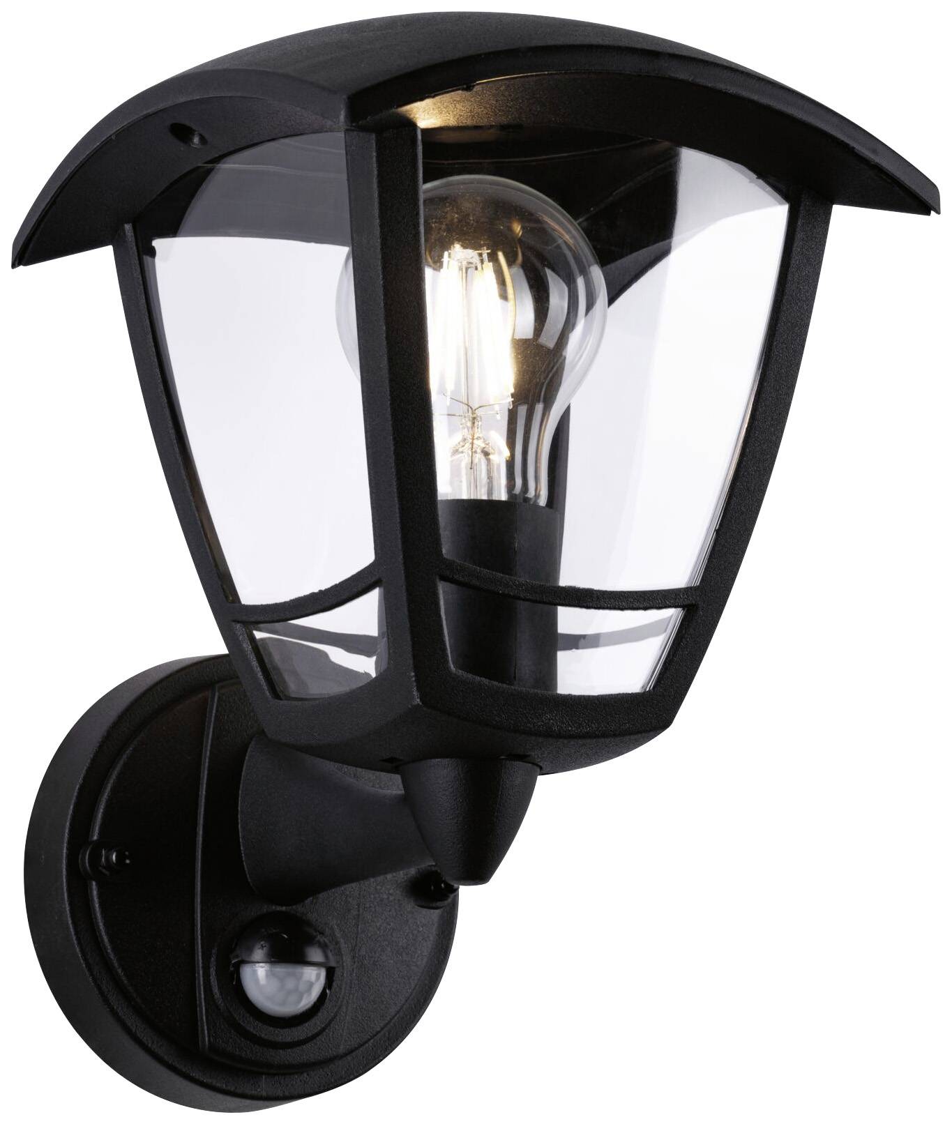 Black exterior wall light with motion sensor, clear glass; light bulb visible. Illuminates and suitable for garden or entrance.