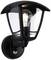 Black exterior wall light with motion sensor, clear glass; light bulb visible. Illuminates and suitable for garden or entrance.