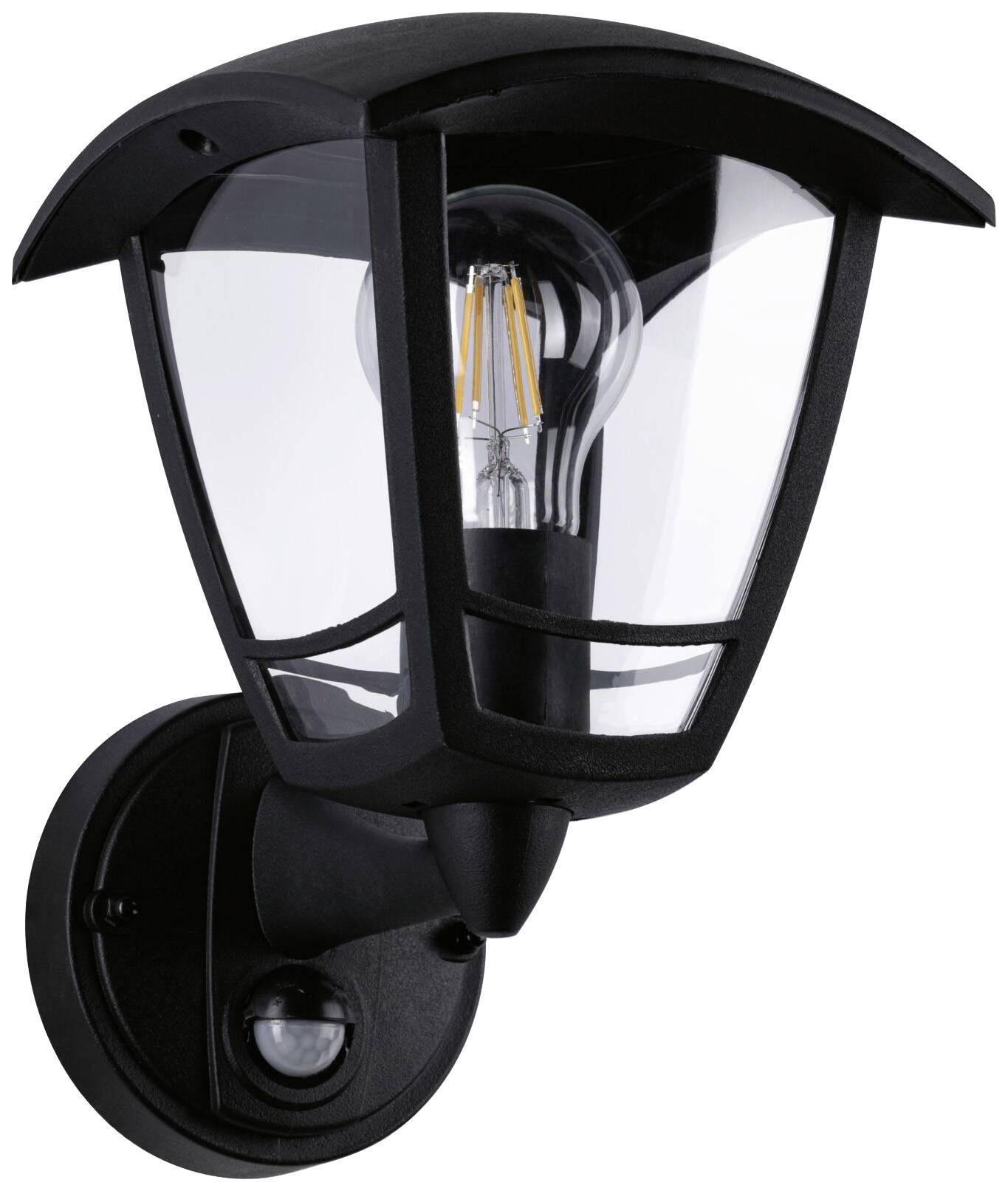 Black wall light with clear glass and integrated motion sensor, suitable for outdoor lighting.