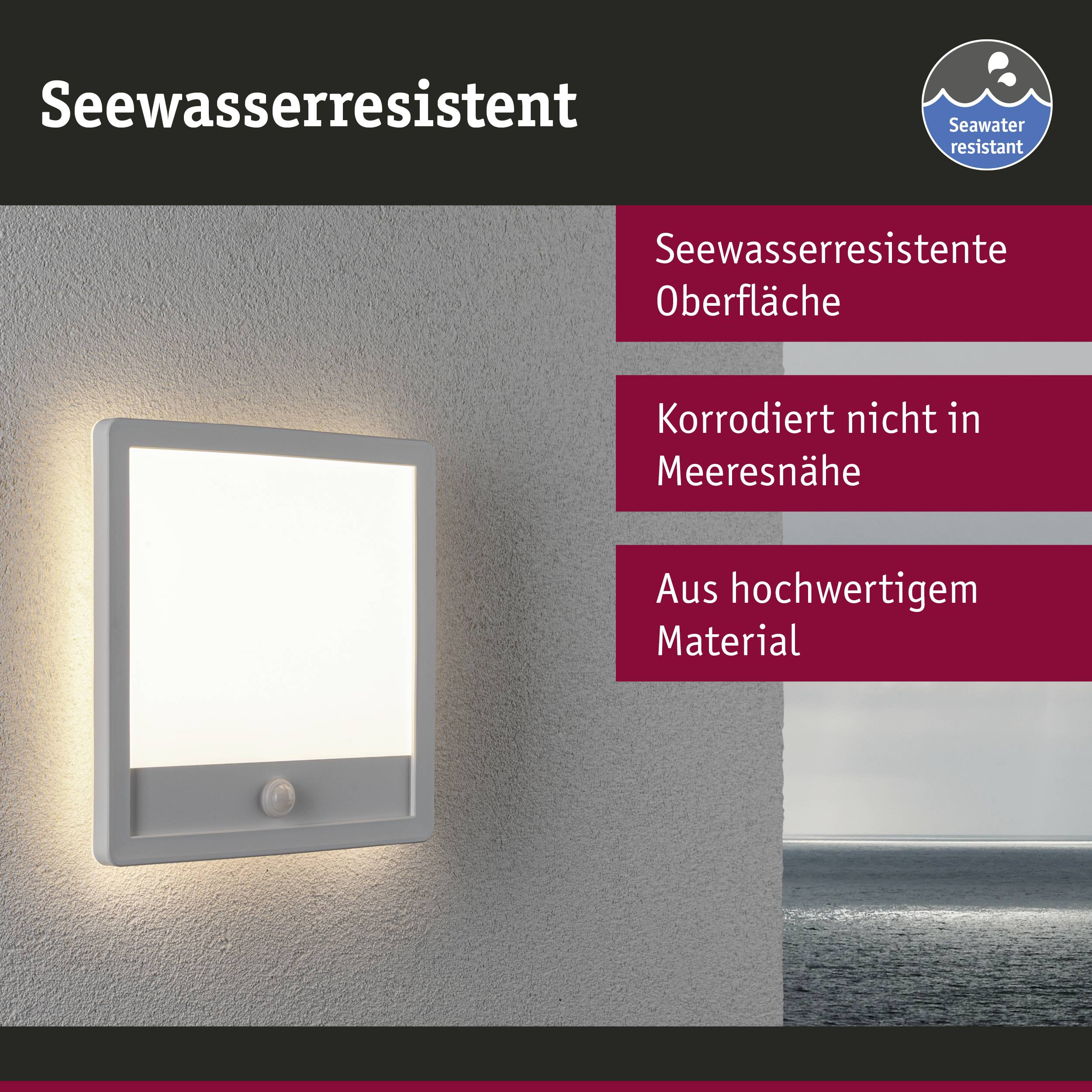 Saltwater-resistant lamp mounted on a wall; description of properties: marine and corrosion-resistant, made from high-quality material.