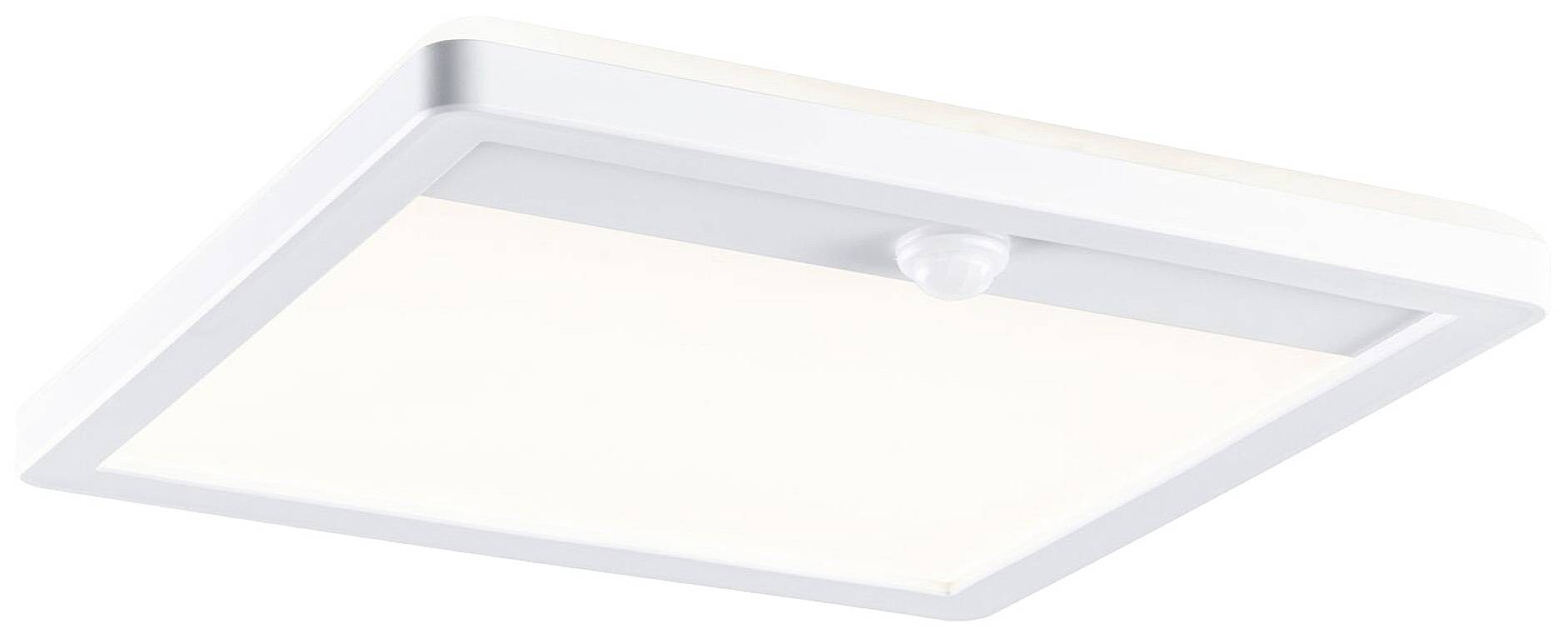 A square LED ceiling light with integrated motion sensor. It has a minimalist design and is white.