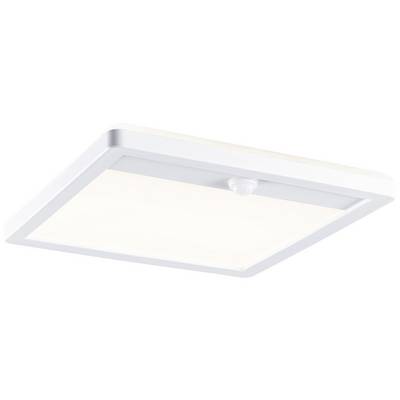 A square LED ceiling light with integrated motion sensor. It has a minimalist design and is white.