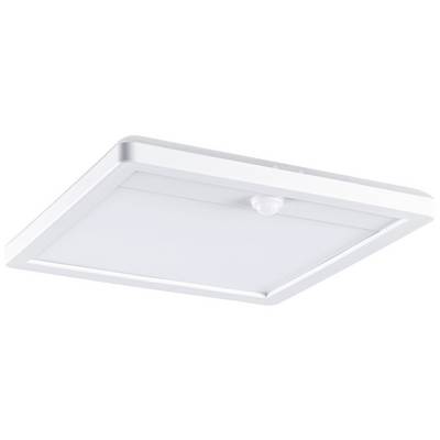Square ceiling light with a white housing and frosted diffuser, equipped with a motion sensor in the centre.