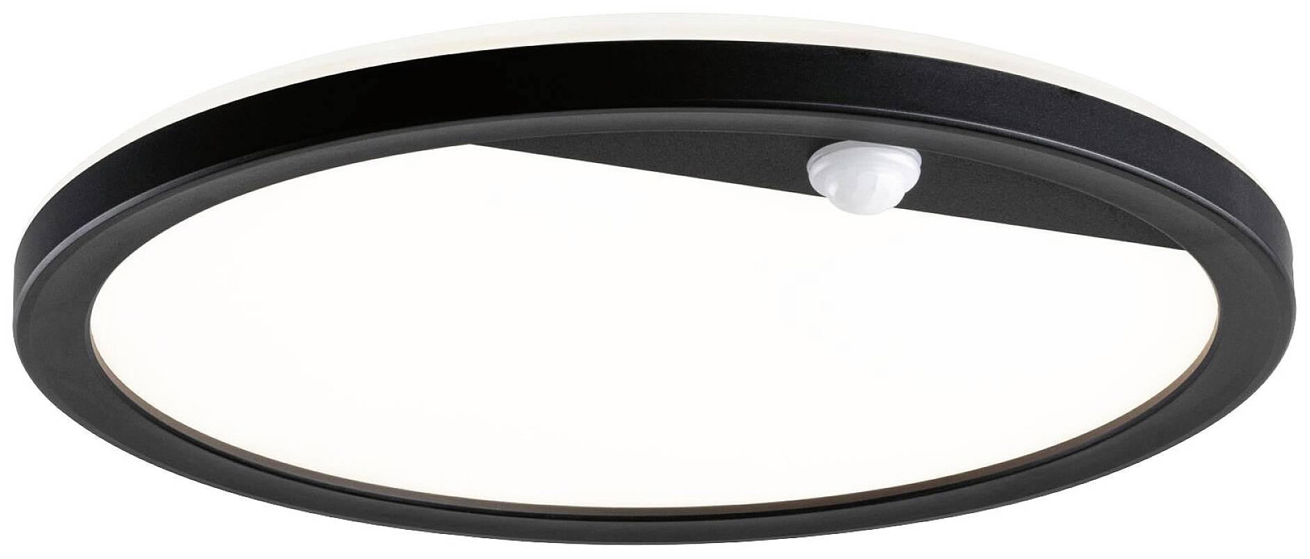 Round, flat ceiling light with a black frame and integrated motion sensor in the centre, suitable for modern interiors.