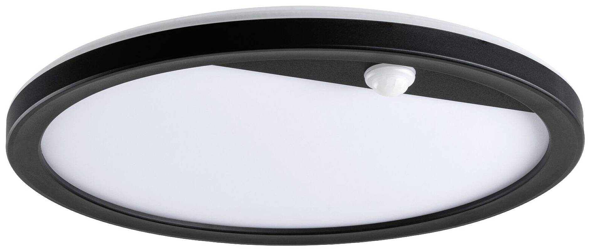 Round black ceiling light with motion sensor in the centre, modern design, provides uniform, diffused lighting.