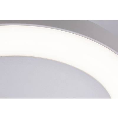 Circular ceiling light shines brightly, close-up detail of the white light source against a grey background.