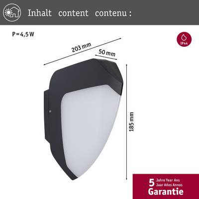 Wall light, power 4.5W, protection rating IP44, dimensions: 203mm x 185mm x 50mm. 5-year guarantee.