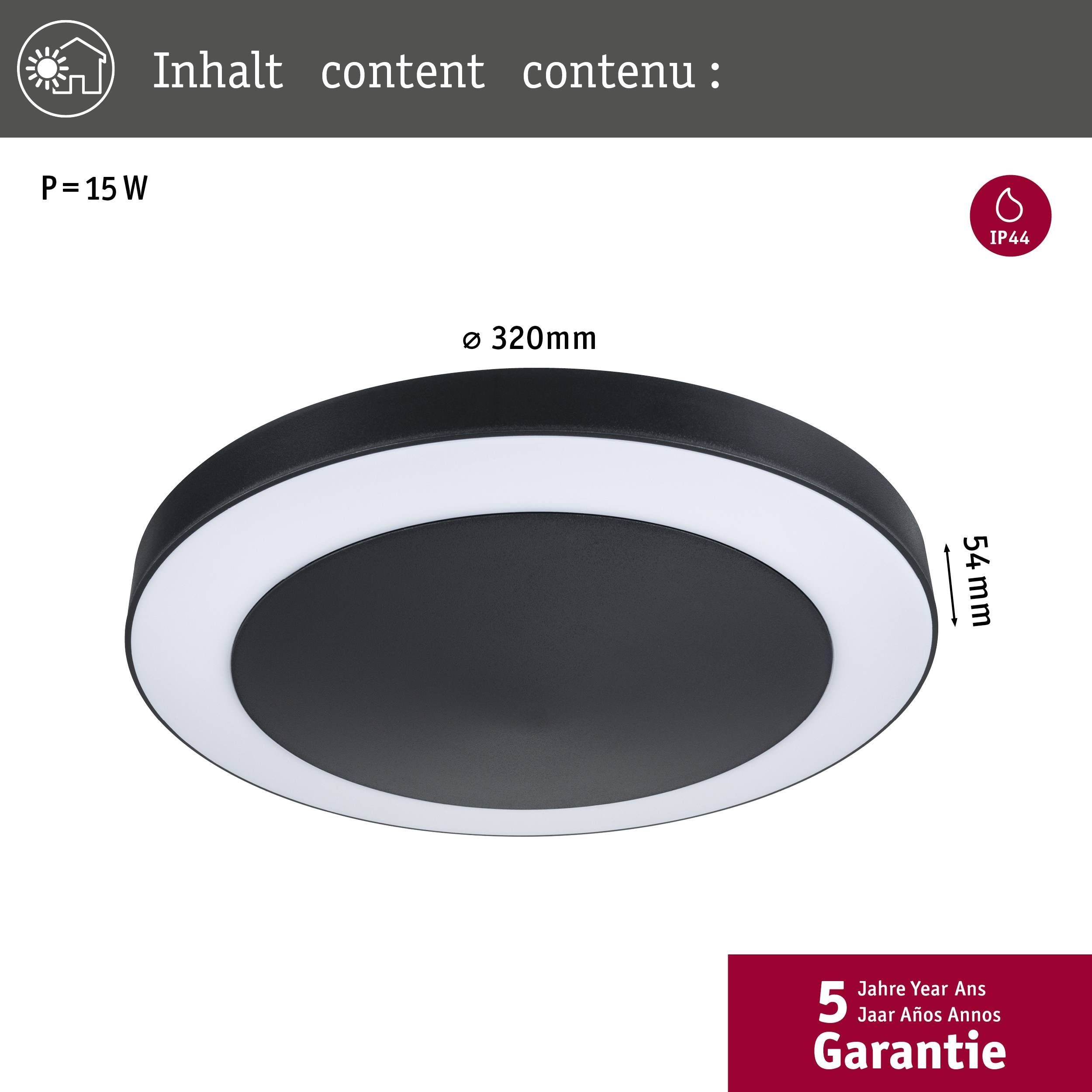 'Round LED ceiling light, diameter 320mm, height 54mm, power 15W, IP44 protection rating, including 5-year warranty.'