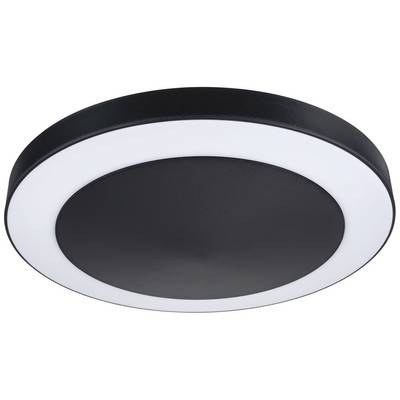Black round ceiling light with white illumination ring.