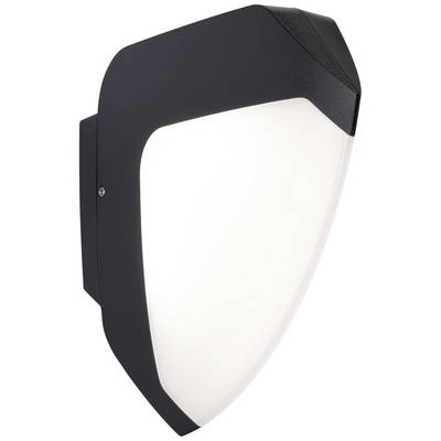 Black outdoor wall light with a modern, rounded design and white, evenly illuminating diffuser. Wall-mounted.