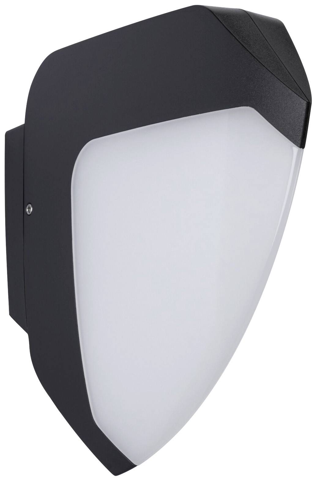 Black, shield-shaped outdoor wall light with white diffuser, used for outdoor lighting, modern and weather-resistant.
