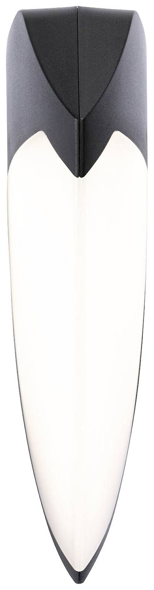 A modern, droplet-shaped wall light with a black rim and a central, luminous surface.